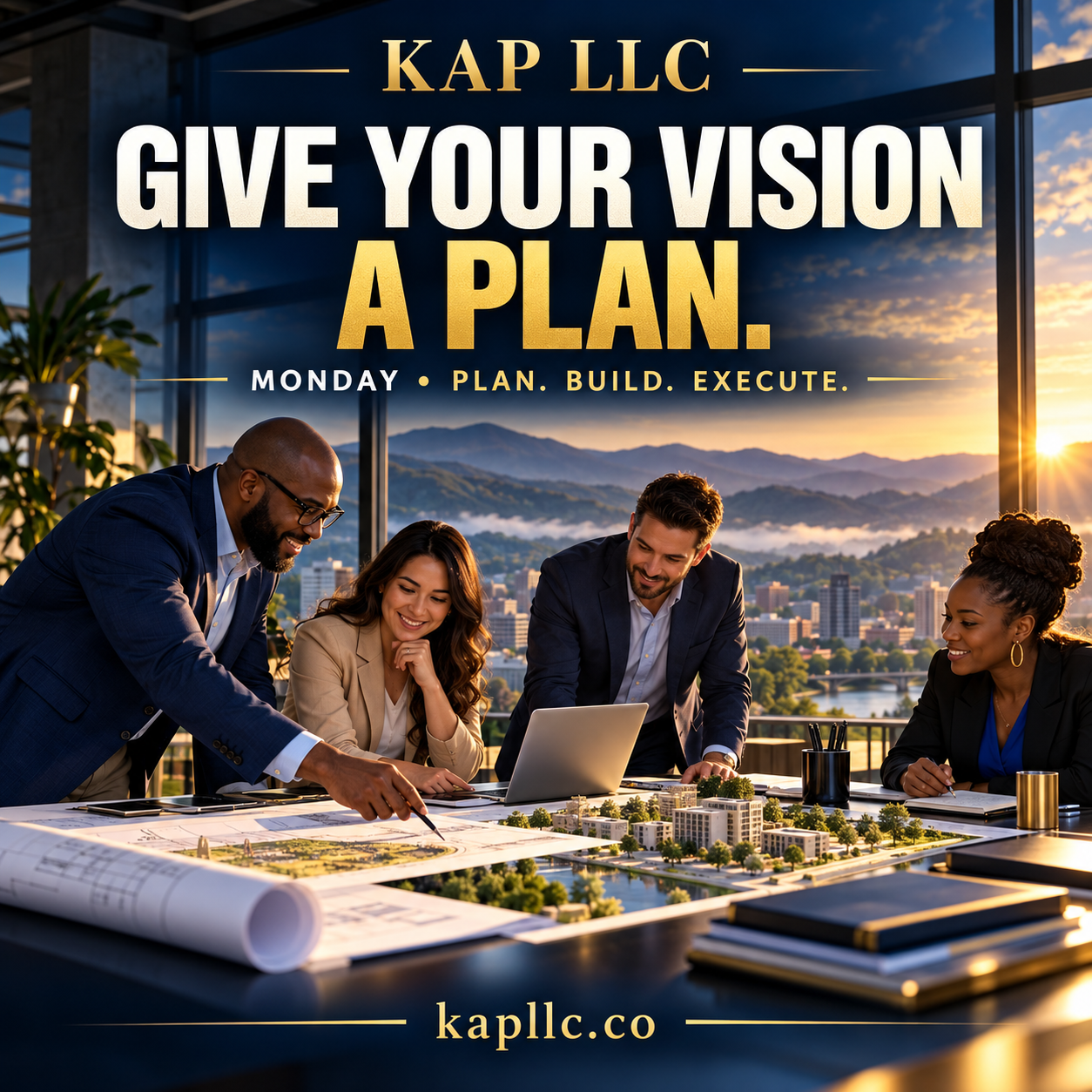KAP LLC Monday motivation: Give your vision a plan. A diverse team collaborates on a community development concept.